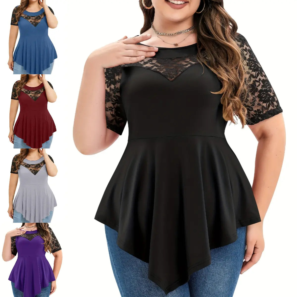 【S-5XL】Tricou casual cu mâneci scurte din dantelă contrastantă de mărime mare