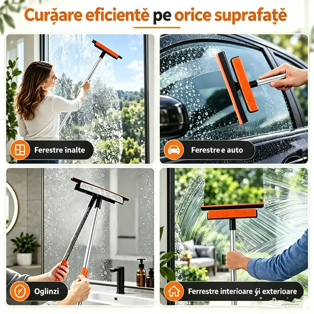 ✨Perie de curățat geamuri 3 în 1 cu mâner telescopic – curăță geamuri, rame și plase de țânțari, cu perie și silicon 🧽