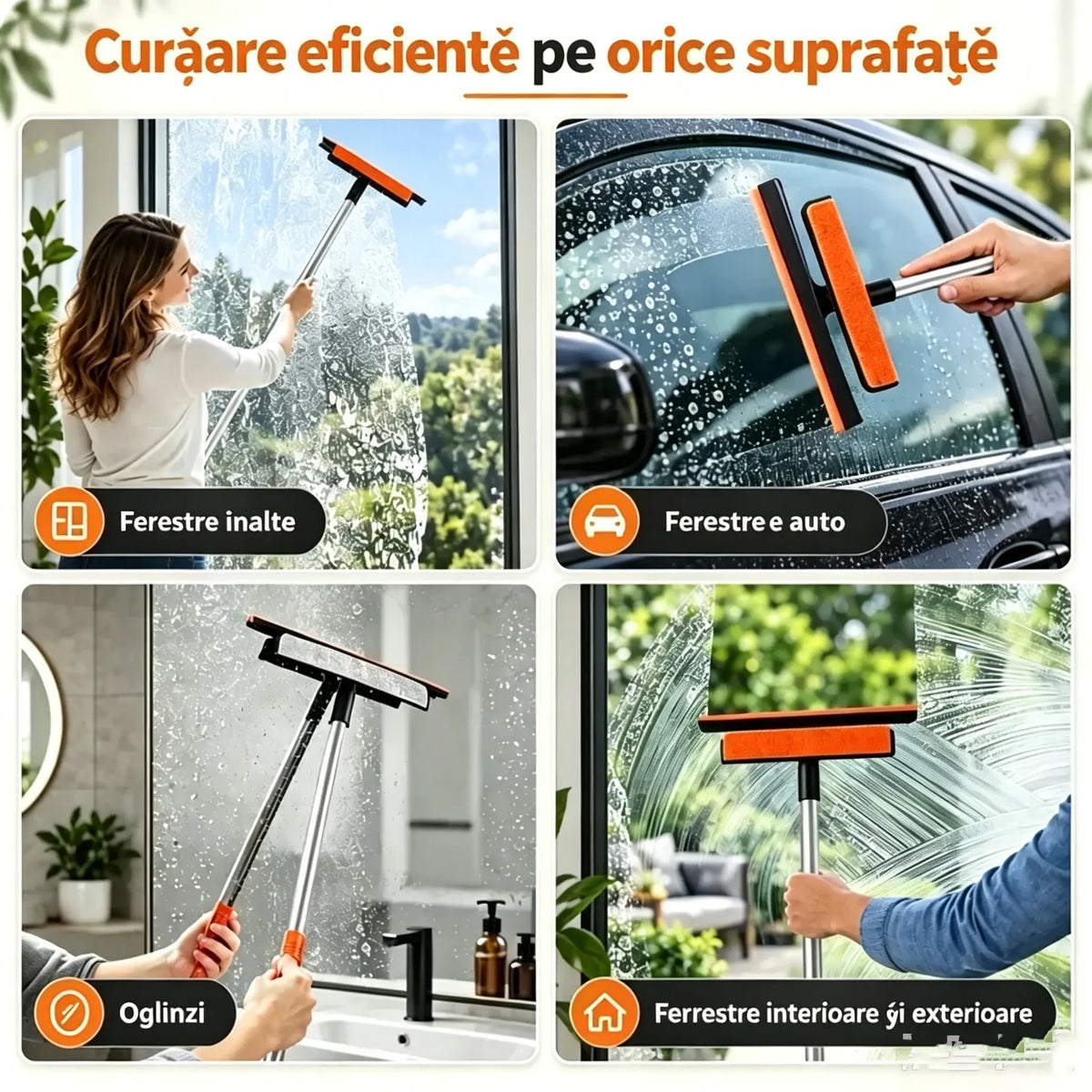 ✨Perie de curățat geamuri 3 în 1 cu mâner telescopic – curăță geamuri, rame și plase de țânțari, cu perie și silicon 🧽