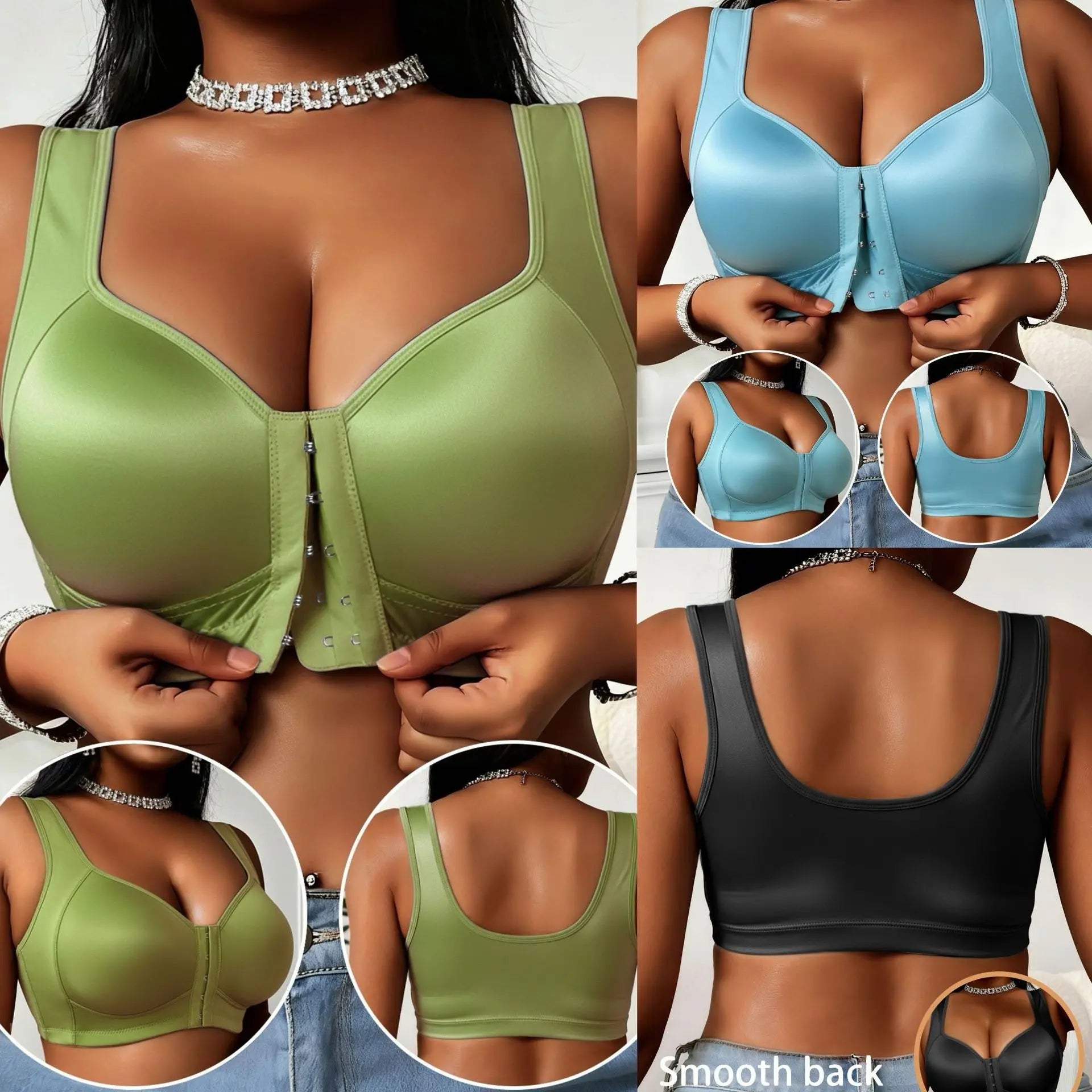 😍👙【3 bucăți】【40-100 kg】Sutien push-up pentru femei cu mărimi mari, fără balene, cu închidere în față și care previne lăsarea sânilor