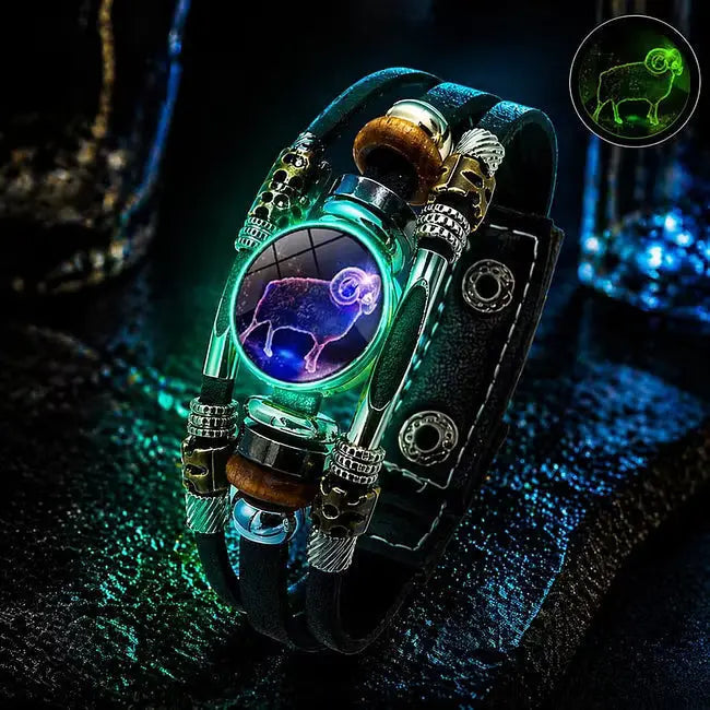 🌙 Brățară din piele cu semne zodiacale luminescente – împletitură în 3 straturi, lungime reglabilă, unisex 💫✨