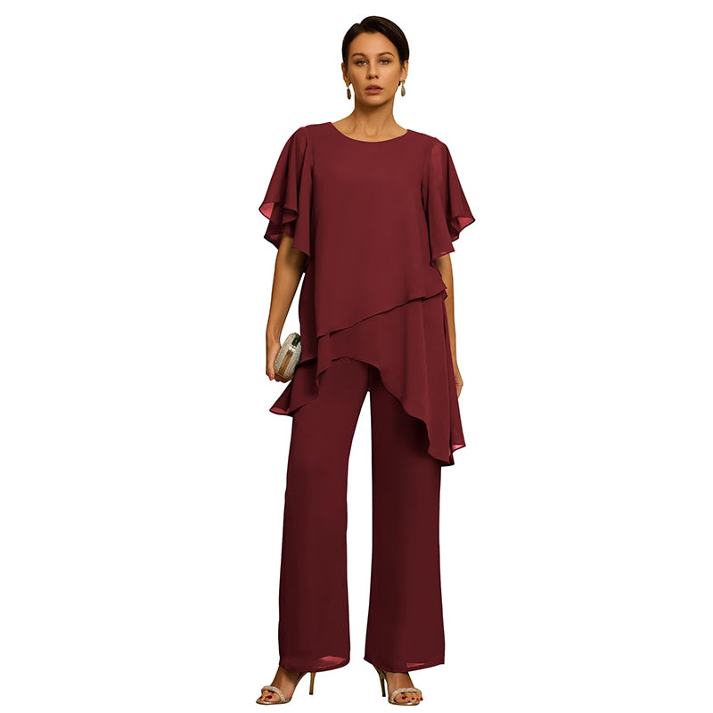 Set Elegant din Șifon: Top Asimetric cu Volane și Pantaloni Lejeri – Ținută Rafinată pentru Evenimente, S-3XL