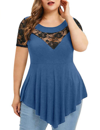 【S-5XL】Tricou casual cu mâneci scurte din dantelă contrastantă de mărime mare