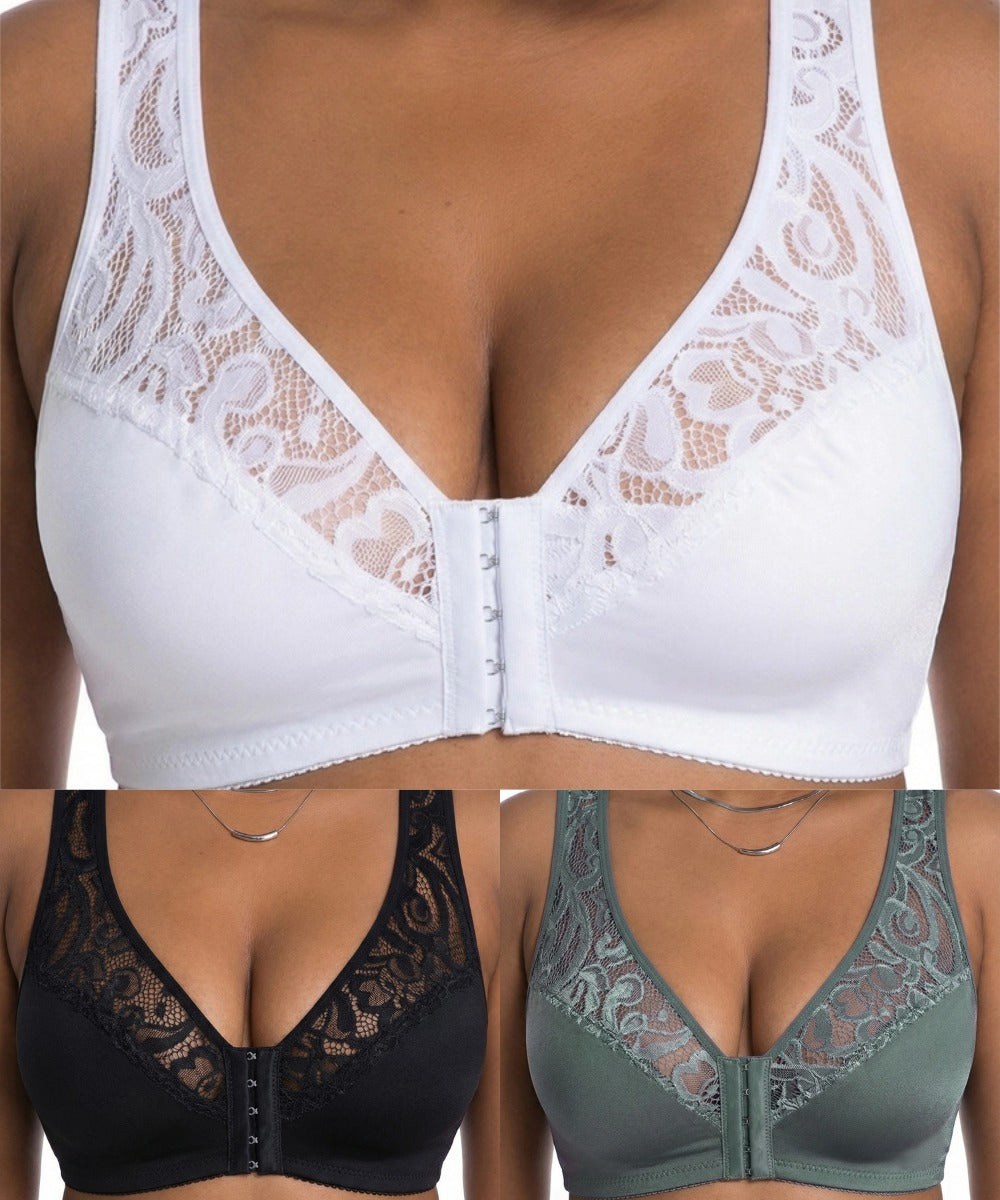 💖 【Set 3 piese】 【L–4XL】 😍 Sutien push-up mărimi mari – dantelă elegantă, efect push-up și detalii decupate, închidere frontală