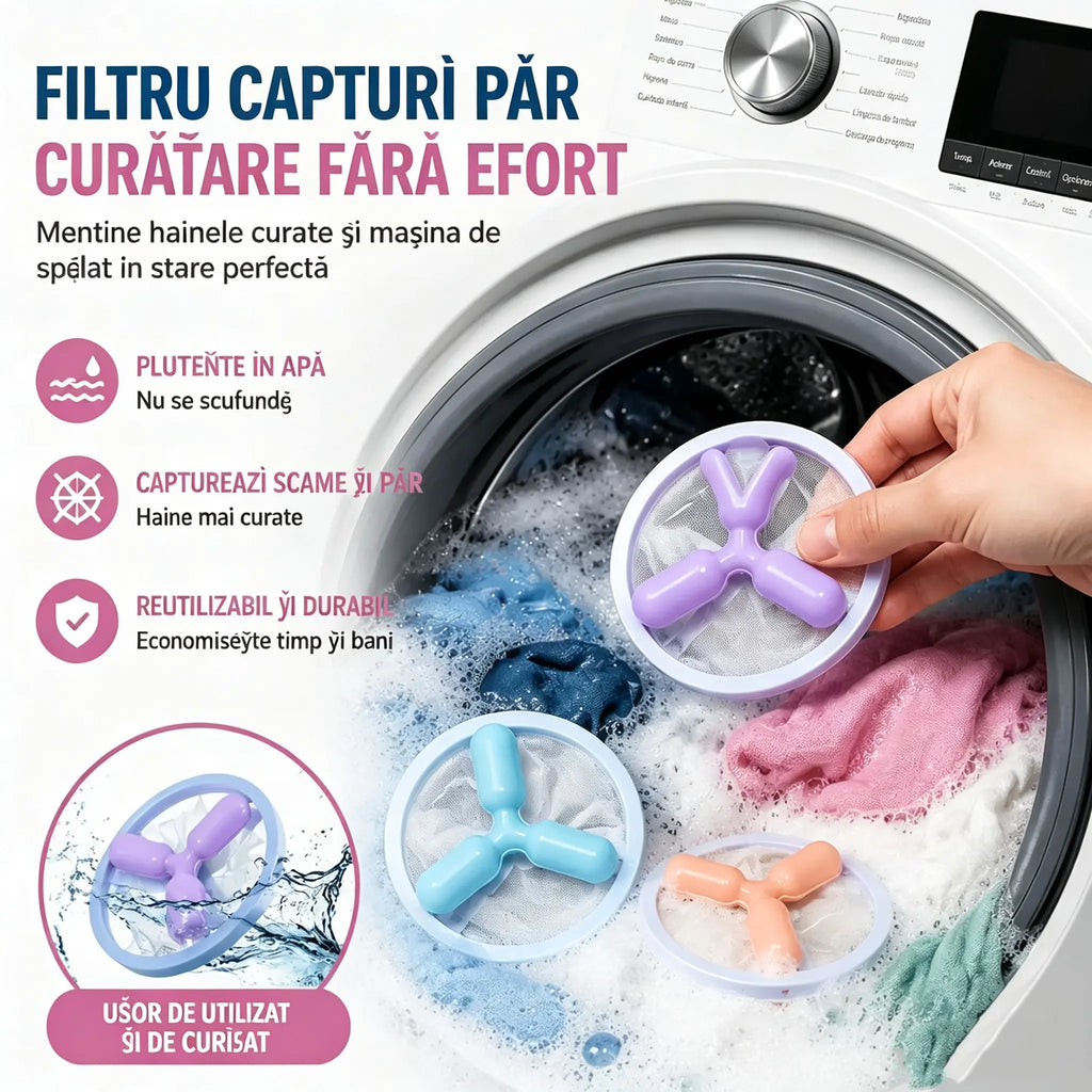 🌀6 bucăți✨ Filtru plutitor pentru mașina de spălat – Reține scame, fire de păr și păr de animale de companie la fiecare spălare 🧺