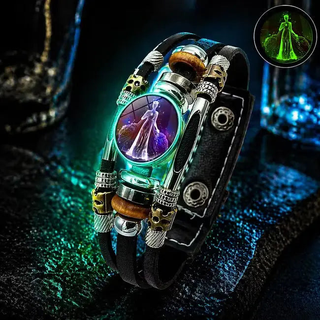 🌙 Brățară din piele cu semne zodiacale luminescente – împletitură în 3 straturi, lungime reglabilă, unisex 💫✨