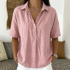 Ultima zi, reducere 50%! ✨【S–3XL】Cămașă damă din bumbac și in, cu mânecă scurtă, croială cambrată, model versatil, respirabil, confortabil și ușor de purtat.