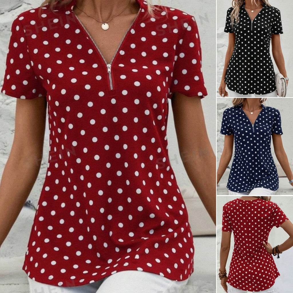 💥【49%OFF!!Livrare gratuită!】👚2026 noua maneca scurta cu imprimeu cu buline, top neregulat cu fermoar cu decolteu in V