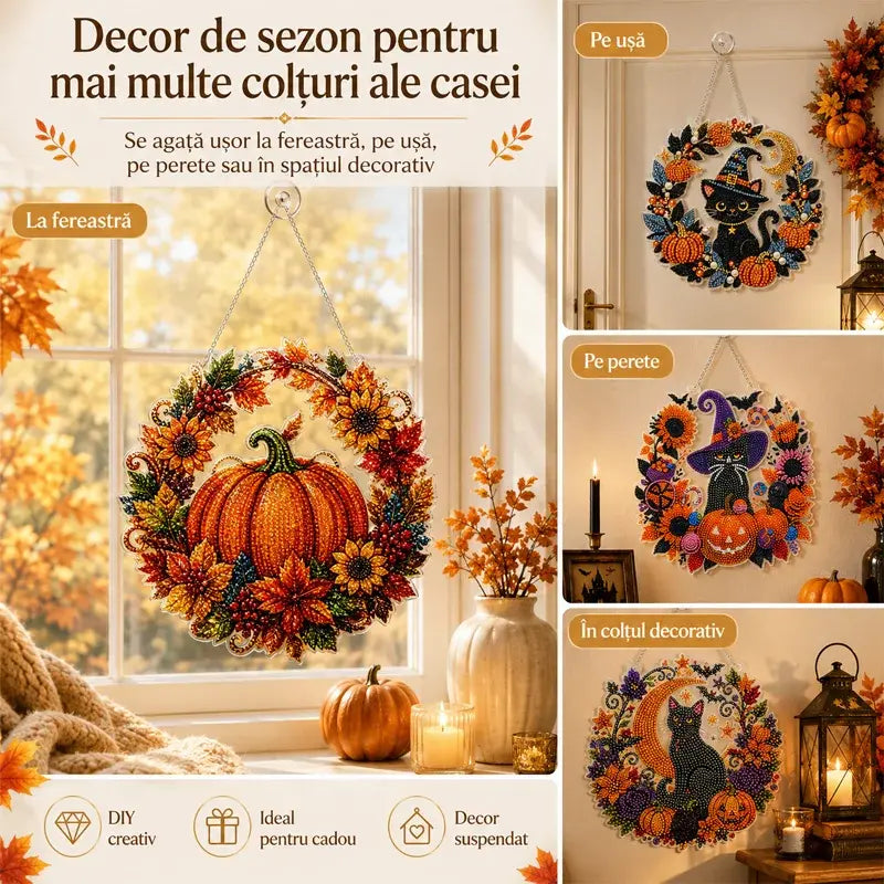 Decor Halloween fereastră DIY tablou cu diamante, 4 modele vesele, dimensiune 25×25 cm