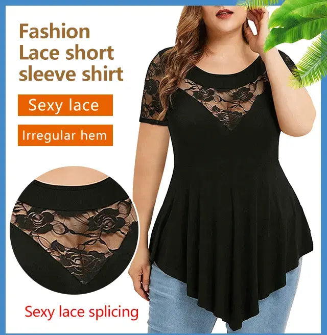 【S-5XL】Tricou casual cu mâneci scurte din dantelă contrastantă de mărime mare