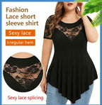 【S-5XL】Tricou casual cu mâneci scurte din dantelă contrastantă de mărime mare