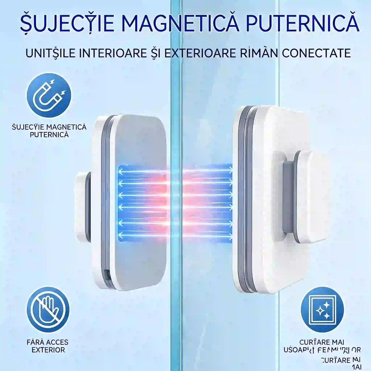 ⚡ Ștergător magnetic de geamuri: suprafață de curățare cu 30 % mai mare. Bureți dubli de curățare + spatulă: rezultate perfecte dintr-o singură trecere! 🧊🌀