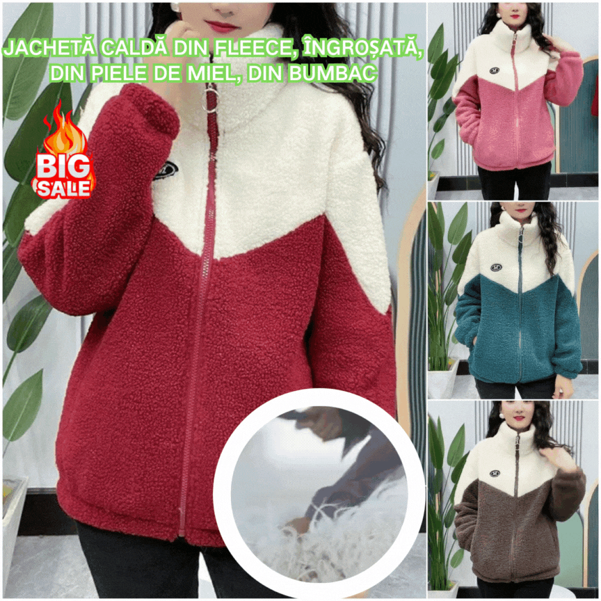 🔥🐏【M-4XL】Jachetă de iarnă fleece, jachetă de bumbac, geacă de bumbac îngroșată din lână de miel, jachetă caldă