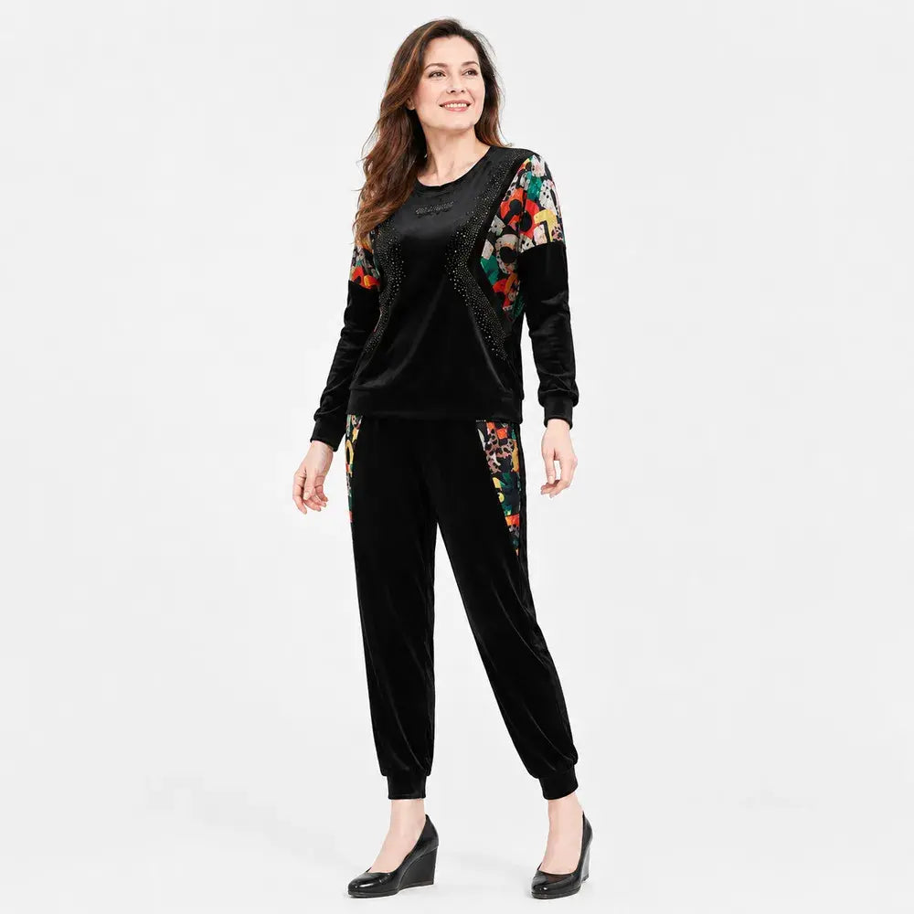 Costum Casual de Dama din Două Piese – Catifea Fină cu Imprimeu Digital 3D și Aplicații Strălucitoare 💃✨