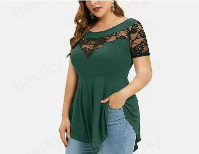 【S-5XL】Tricou casual cu mâneci scurte din dantelă contrastantă de mărime mare
