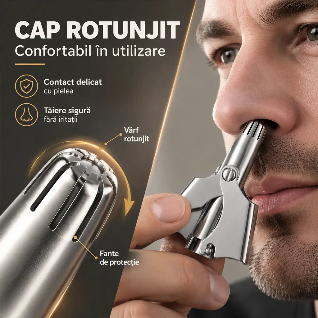 Aparat Manual pentru Tuns Părul din Nas (Inox Premium) – Cap Rotativ 360° la 24 de Lame, Fără Calup/Ciupire, Lavabil & Compact (Unisex) ✂️✨🚿