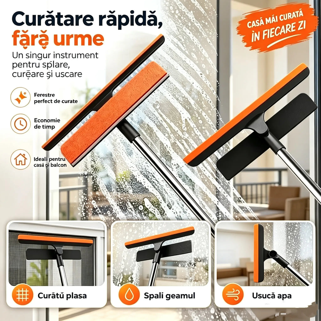 ✨Perie de curățat geamuri 3 în 1 cu mâner telescopic – curăță geamuri, rame și plase de țânțari, cu perie și silicon 🧽