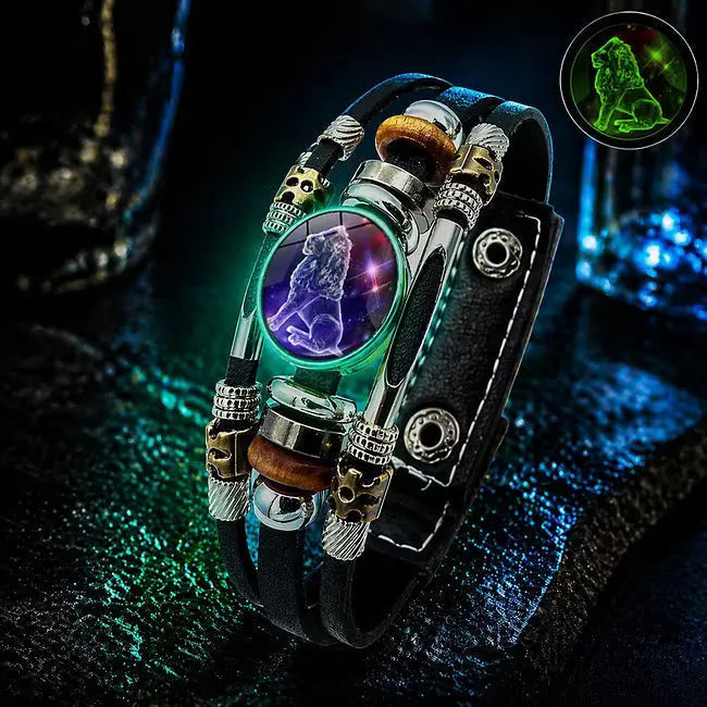 🌙 Brățară din piele cu semne zodiacale luminescente – împletitură în 3 straturi, lungime reglabilă, unisex 💫✨