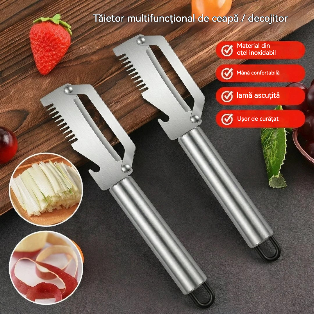 ✅【3 buc】🧅🔪 Pelador de cocina multifuncional 3 en 1: ¡Pela, corta y abre tapones de botellas! 🔥