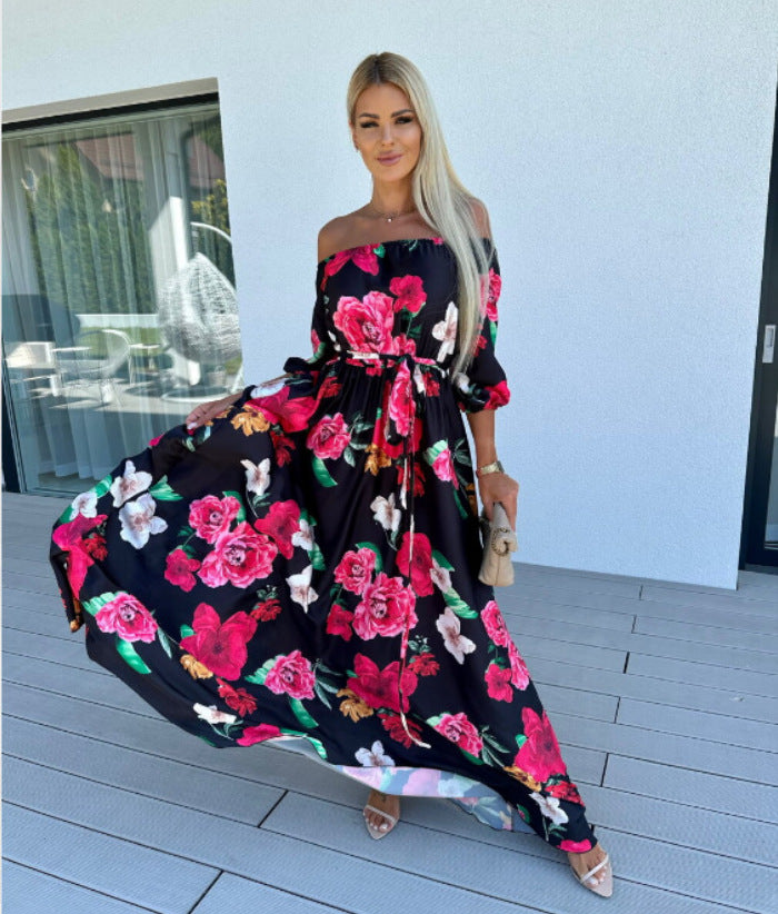 ✨🌈【Reduceri speciale de vară -50% 🔥】【S–2XL】Rochie de vară elegantă, cu imprimeu și un umăr gol, perfectă pentru vacanță la plajă