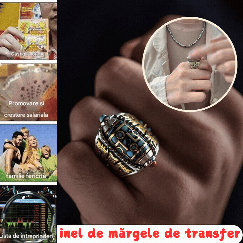 Inel cu mărgele de transfer mantra turcoaz, din argint 925, din șase cifre（Design de deschidere reglabil în dimensiune）