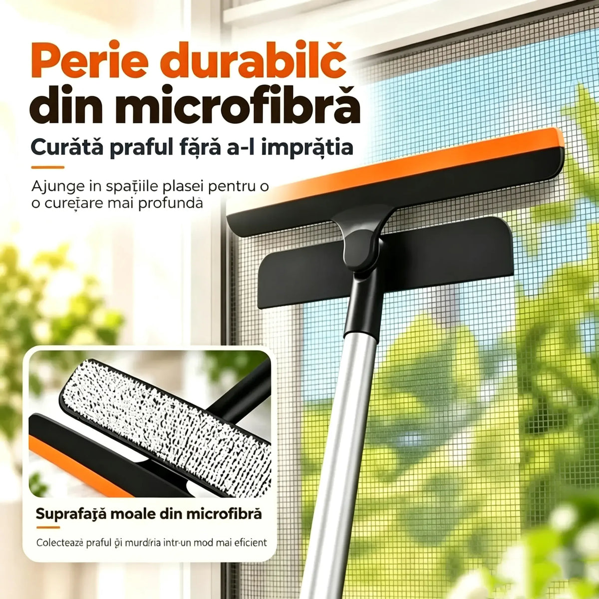 ✨Perie de curățat geamuri 3 în 1 cu mâner telescopic – curăță geamuri, rame și plase de țânțari, cu perie și silicon 🧽