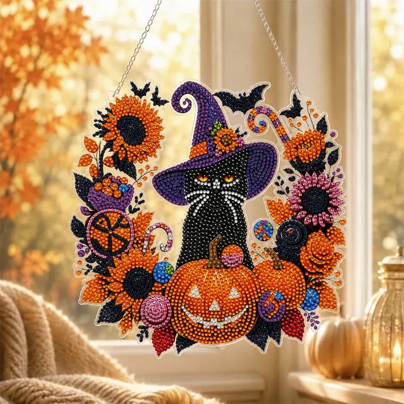 Decor Halloween fereastră DIY tablou cu diamante, 4 modele vesele, dimensiune 25×25 cm