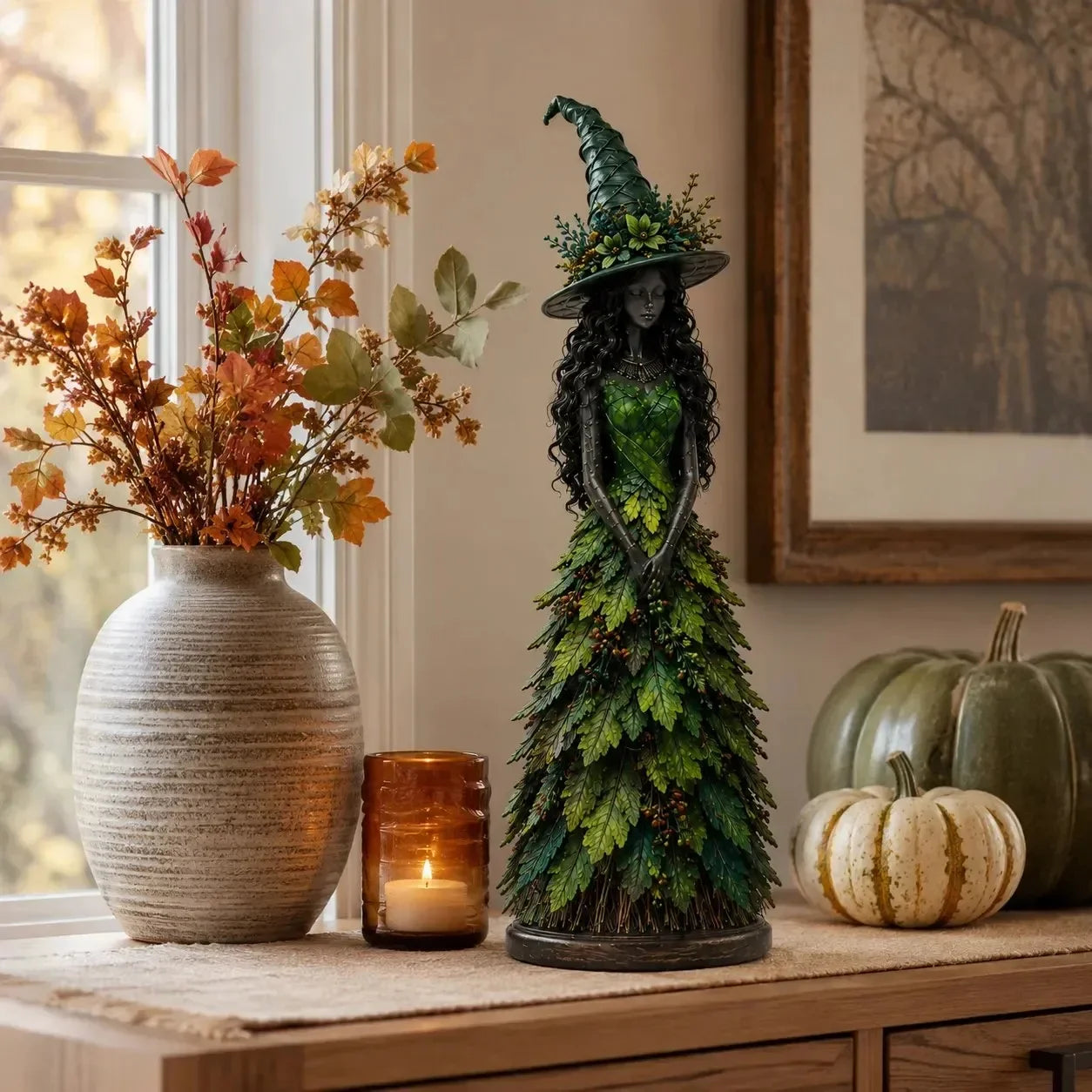 Figurină Vrăjitoare de Toamnă din Frunze Magic, Decorațiune de Halloween și Sezon pentru Șemineu, Raft sau Masă, Cadou Creativ