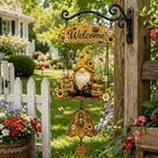 Clopoțel de Bun Venit cu Pitic de Grădină, Plăcuță „Welcome”, Clopoțel Retro din Bronz, Suport de Perete din Fier, Decorațiune Curte și Terasă