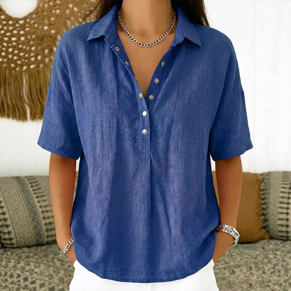 Ultima zi, reducere 50%! ✨【S–3XL】Cămașă damă din bumbac și in, cu mânecă scurtă, croială cambrată, model versatil, respirabil, confortabil și ușor de purtat.