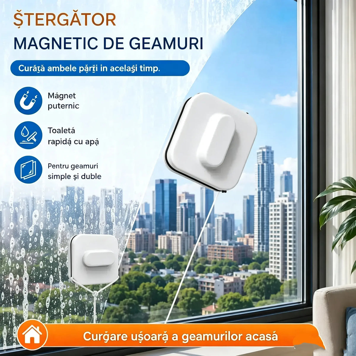 ⚡ Ștergător magnetic de geamuri: suprafață de curățare cu 30 % mai mare. Bureți dubli de curățare + spatulă: rezultate perfecte dintr-o singură trecere! 🧊🌀