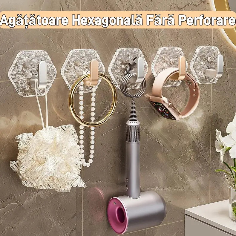 💥🏆【10/20/30 Buc】Agățătoare Hexagonală Fără Perforare.💎 Design Elegant cu Textură Iceberg – Lipire Ușoară, Suport Puternic, Fără Urme 🛁