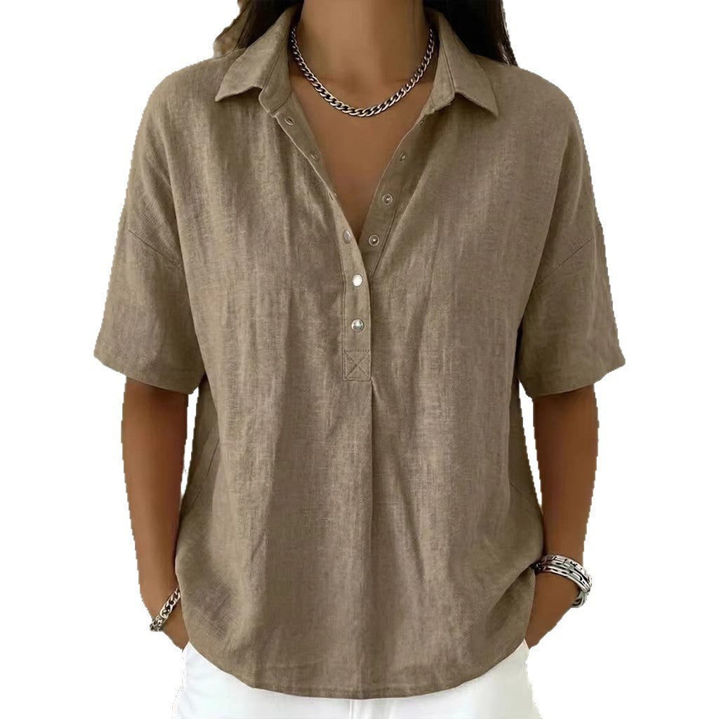 Ultima zi, reducere 50%! ✨【S–3XL】Cămașă damă din bumbac și in, cu mânecă scurtă, croială cambrată, model versatil, respirabil, confortabil și ușor de purtat.