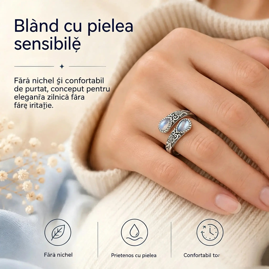 Ultima zi! Reducere de 50% la inelul cu floare din piatră lunară, în stil vintage. Mărime ajustabilă. Eleganță atemporală.
