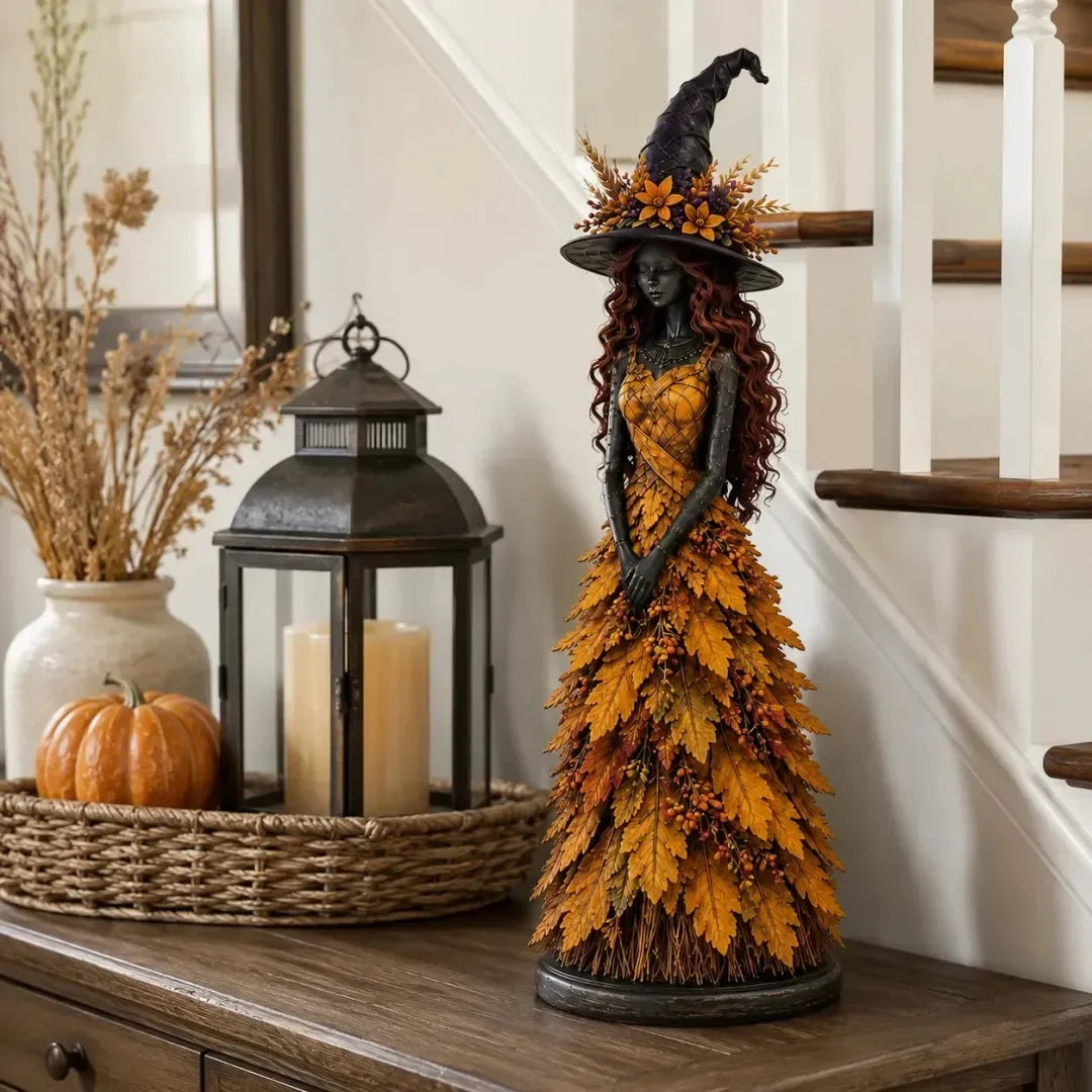 Figurină Vrăjitoare de Toamnă din Frunze Magic, Decorațiune de Halloween și Sezon pentru Șemineu, Raft sau Masă, Cadou Creativ