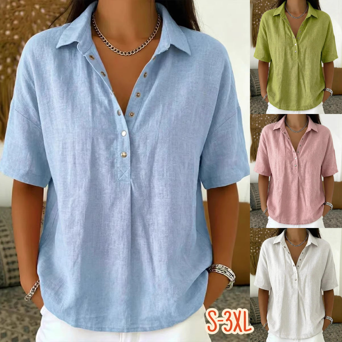 Ultima zi, reducere 50%! ✨【S–3XL】Cămașă damă din bumbac și in, cu mânecă scurtă, croială cambrată, model versatil, respirabil, confortabil și ușor de purtat.
