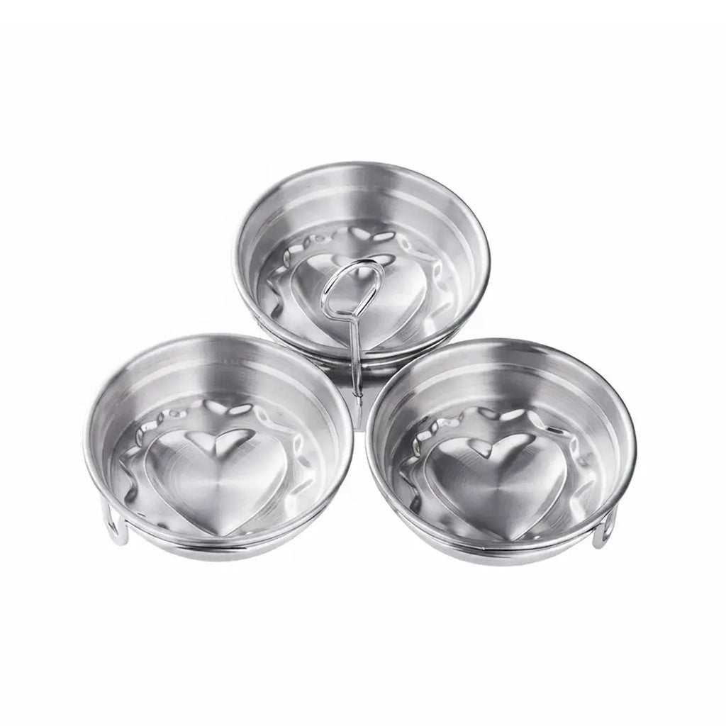 Formă din Oțel Inoxidabil pentru Ouă Ochiuri și Poșate – Set 3 Cavități cu Formă de Inimă / Cerc, Ideală pentru Micul Dejun, Budinci și Tarte 🍳🍳🍳