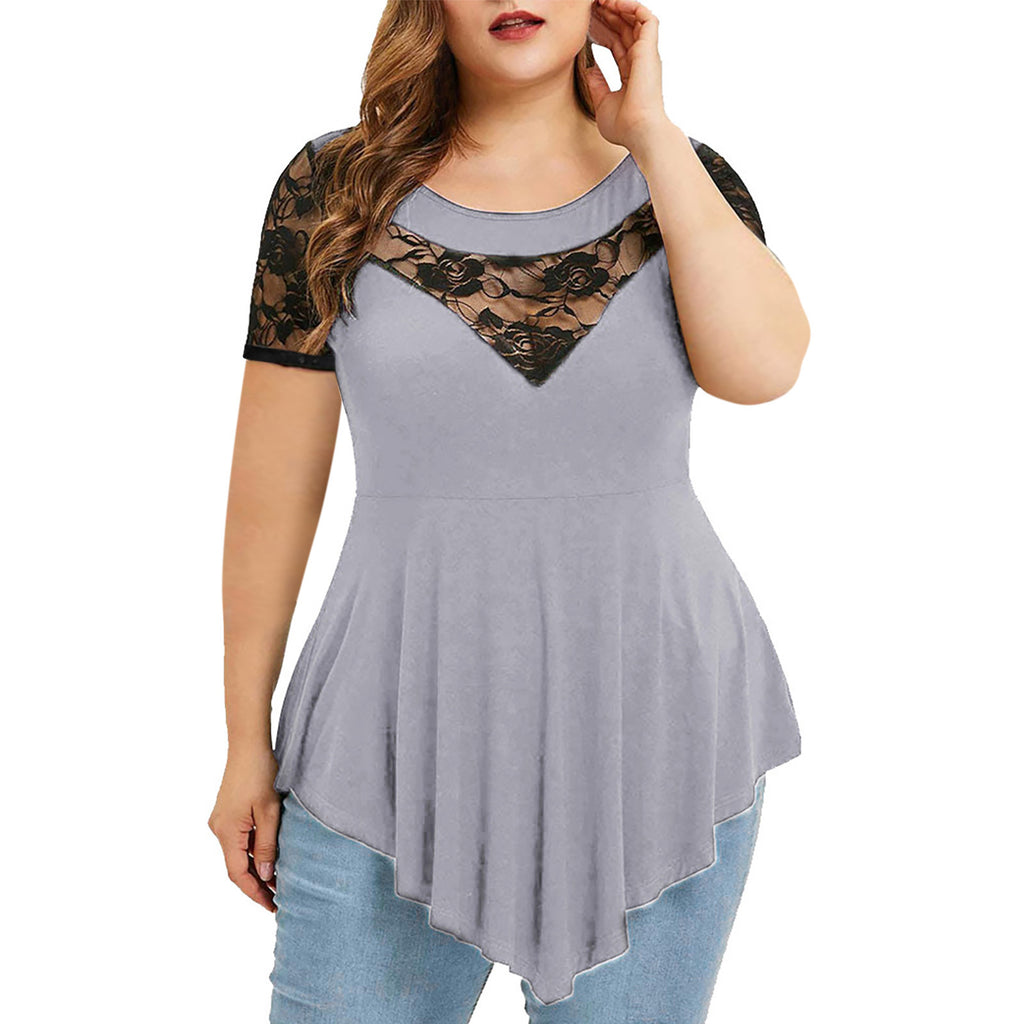 【S-5XL】Tricou casual cu mâneci scurte din dantelă contrastantă de mărime mare