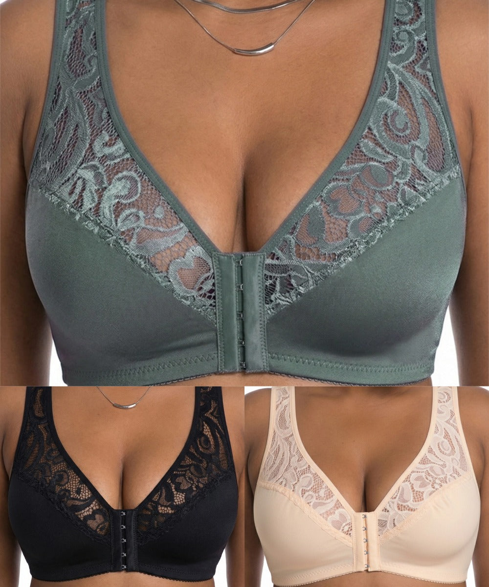 💖 【Set 3 piese】 【L–4XL】 😍 Sutien push-up mărimi mari – dantelă elegantă, efect push-up și detalii decupate, închidere frontală