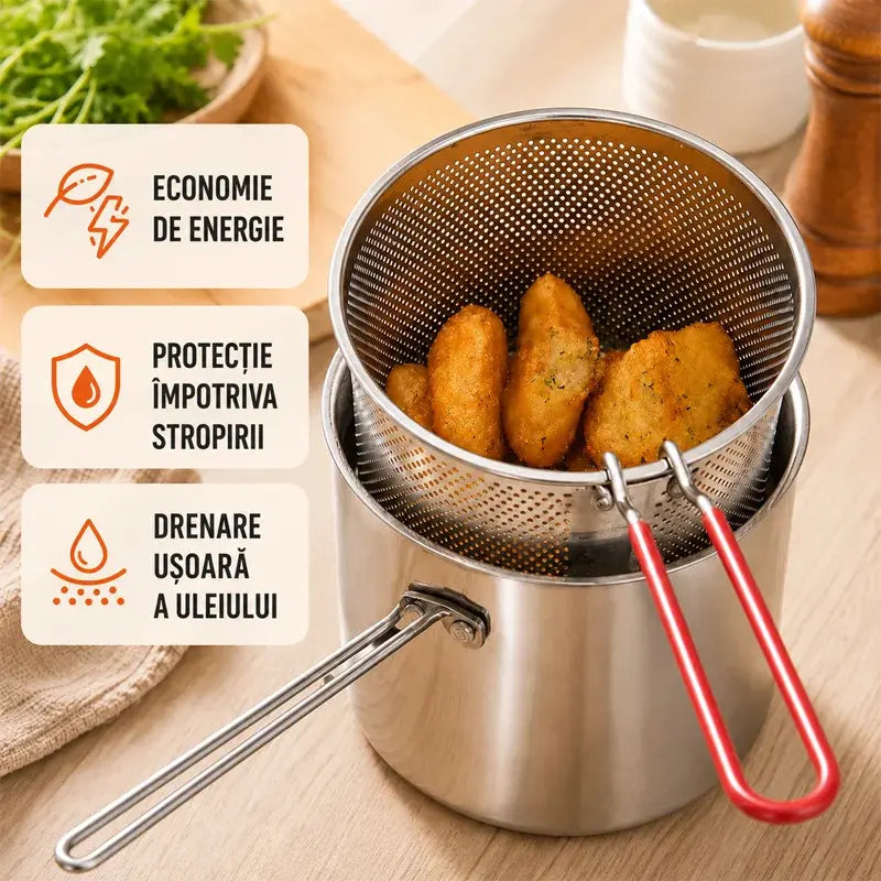 Mini friteuză din inox cu coș pentru prăjit – Compactă, economisește ulei & fără stropi! 🍟🍗