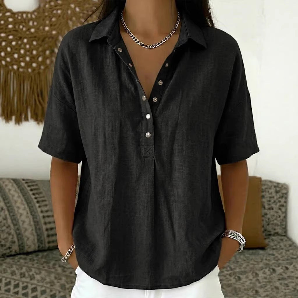 Ultima zi, reducere 50%! ✨【S–3XL】Cămașă damă din bumbac și in, cu mânecă scurtă, croială cambrată, model versatil, respirabil, confortabil și ușor de purtat.
