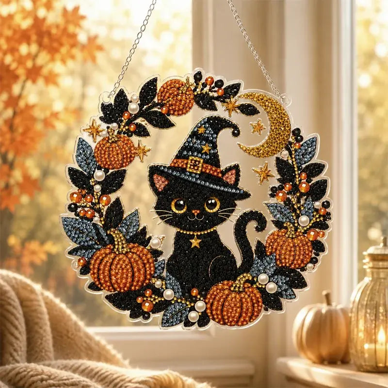 Decor Halloween fereastră DIY tablou cu diamante, 4 modele vesele, dimensiune 25×25 cm
