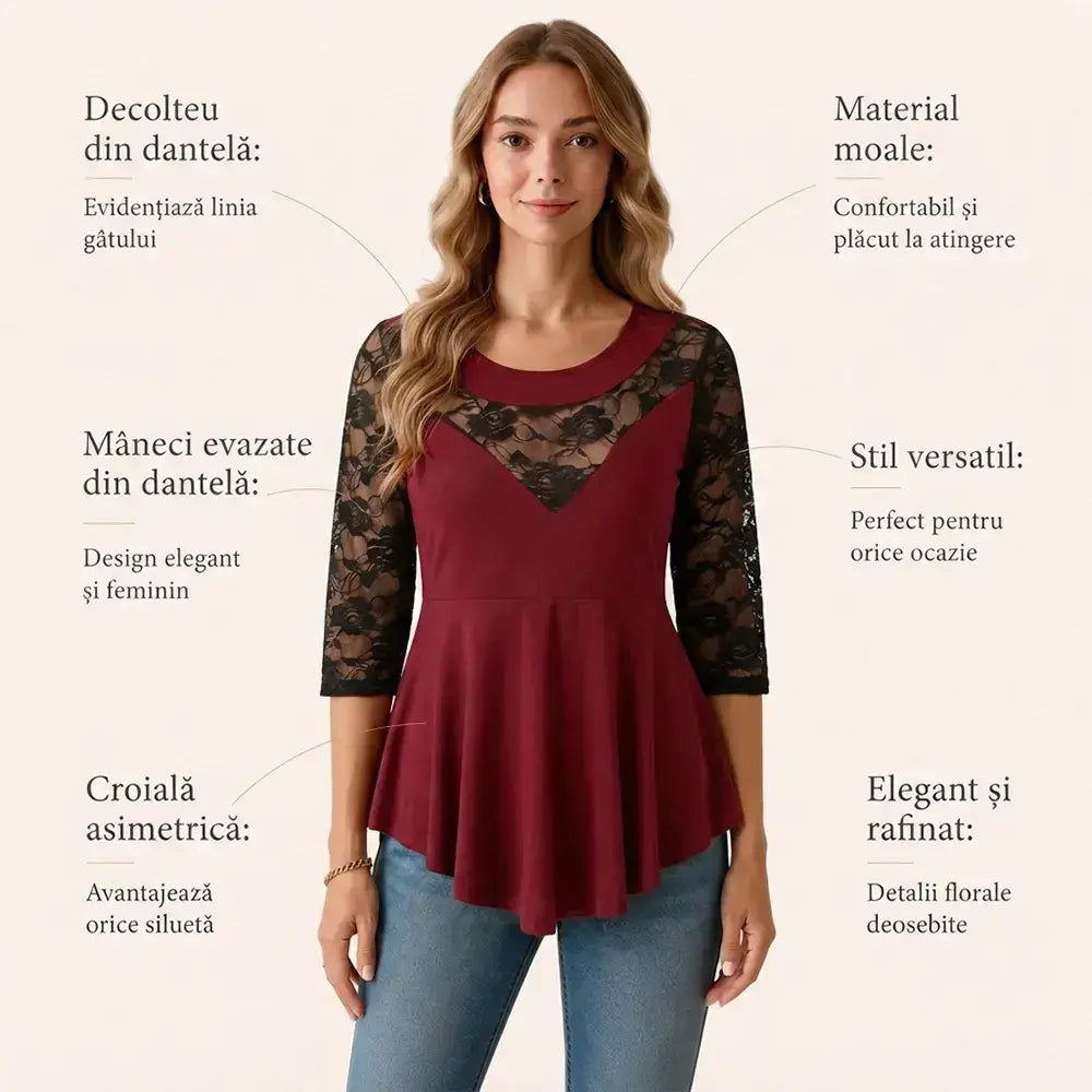 【S-5XL】Tricou casual cu mâneci scurte din dantelă contrastantă de mărime mare