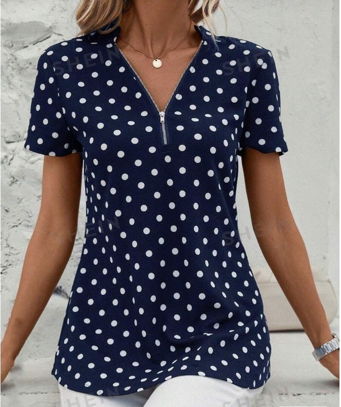 💥【49%OFF!!Livrare gratuită!】👚2026 noua maneca scurta cu imprimeu cu buline, top neregulat cu fermoar cu decolteu in V