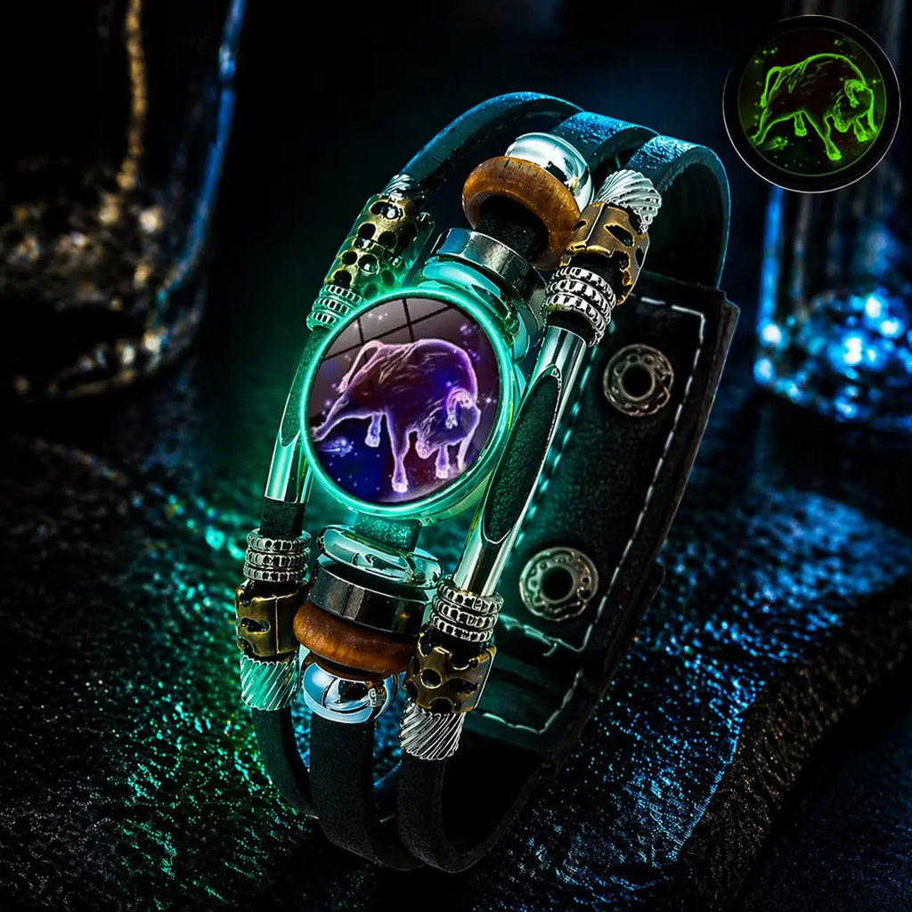 🌙 Brățară din piele cu semne zodiacale luminescente – împletitură în 3 straturi, lungime reglabilă, unisex 💫✨