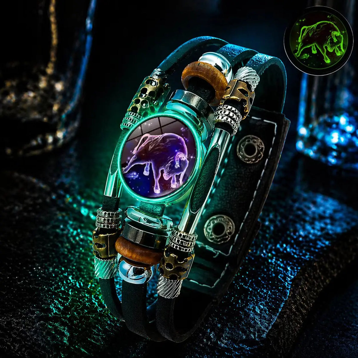 🌙 Brățară din piele cu semne zodiacale luminescente – împletitură în 3 straturi, lungime reglabilă, unisex 💫✨