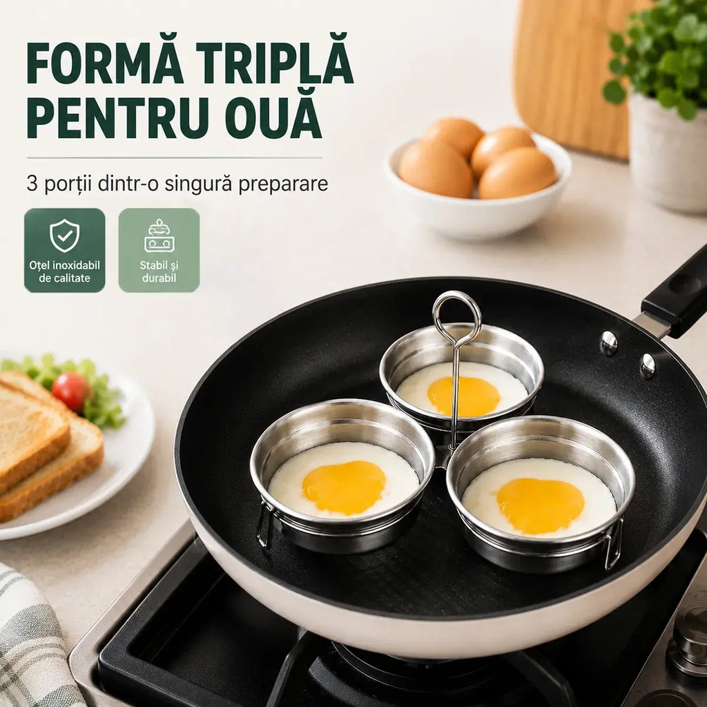 Formă din Oțel Inoxidabil pentru Ouă Ochiuri și Poșate – Set 3 Cavități cu Formă de Inimă / Cerc, Ideală pentru Micul Dejun, Budinci și Tarte 🍳🍳🍳