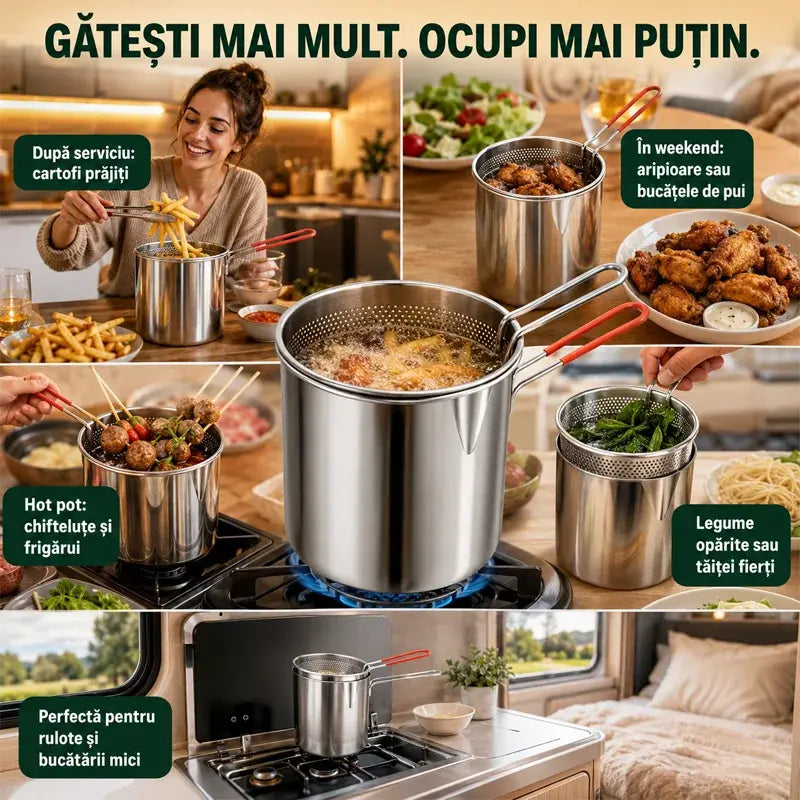 Mini friteuză din inox cu coș pentru prăjit – Compactă, economisește ulei & fără stropi! 🍟🍗