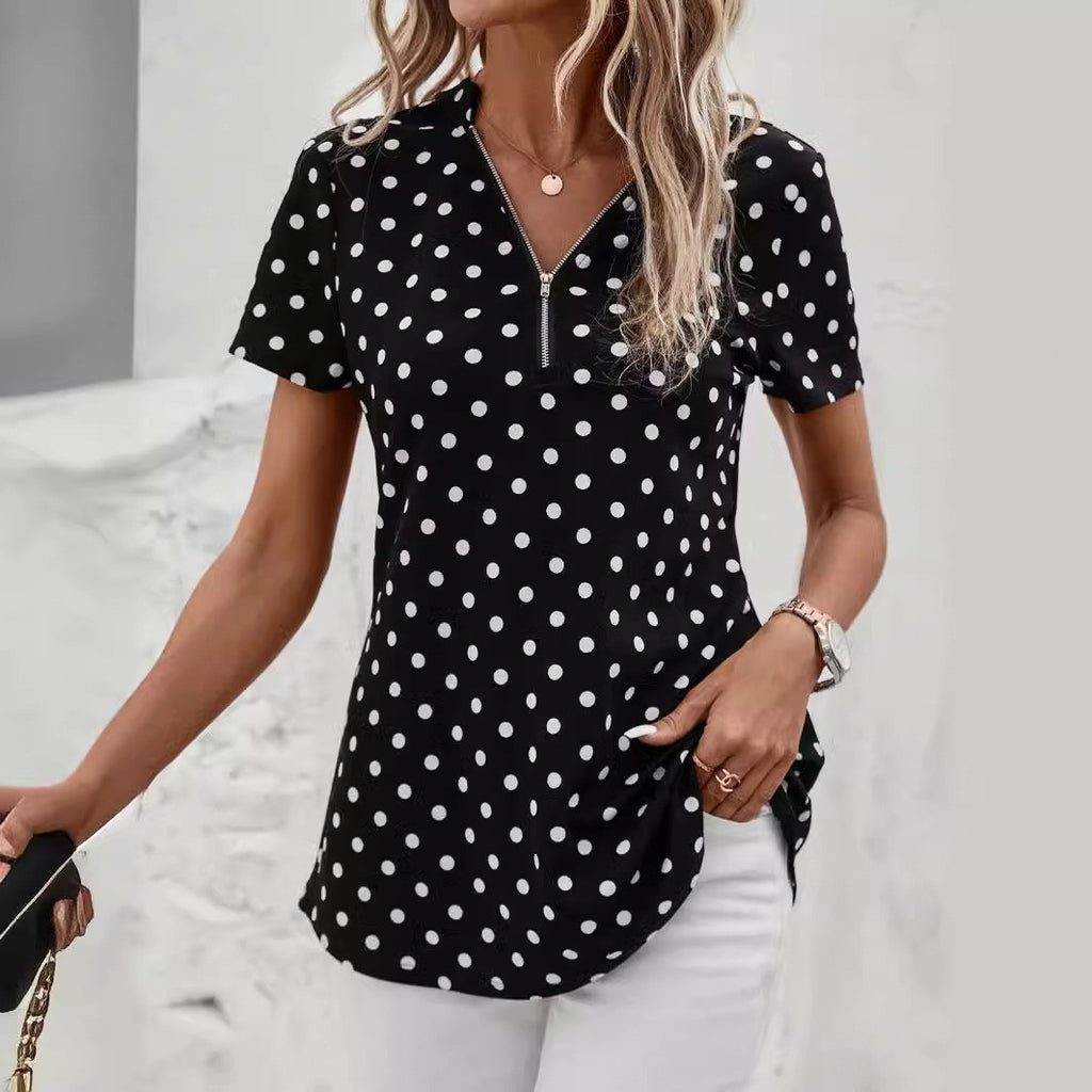 💥【49%OFF!!Livrare gratuită!】👚2026 noua maneca scurta cu imprimeu cu buline, top neregulat cu fermoar cu decolteu in V