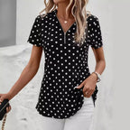 💥【49%OFF!!Livrare gratuită!】👚2026 noua maneca scurta cu imprimeu cu buline, top neregulat cu fermoar cu decolteu in V